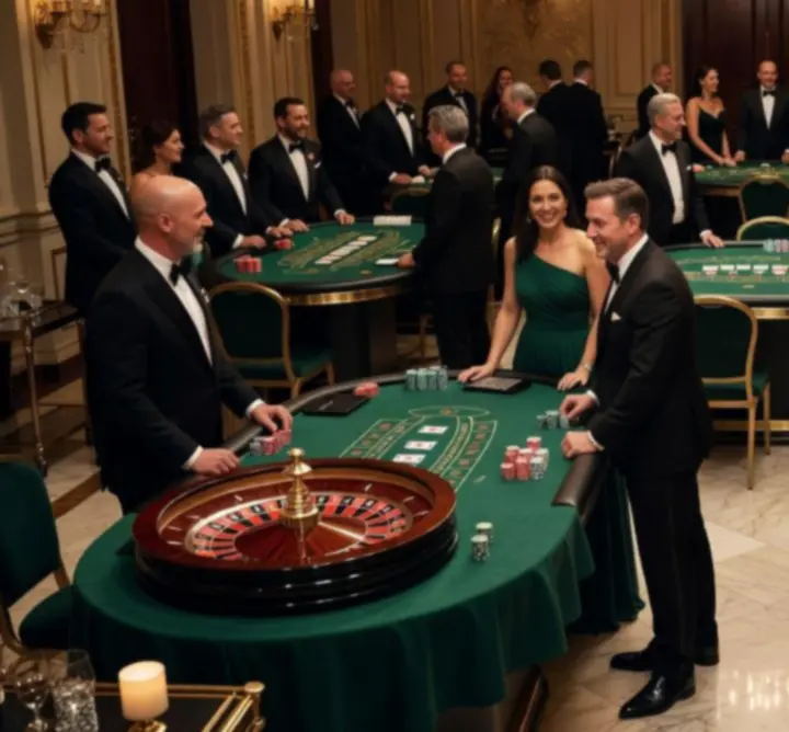 Mobilne kasyno podczas eventu z gośćmi przy stołach do ruletki i blackjacka